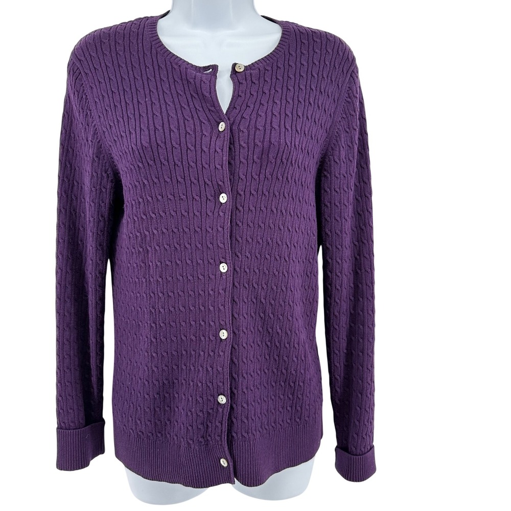 Lands End Cardigan Sweater Cable Knit Preppy Supima Cotton Womens S 6-8 Purple